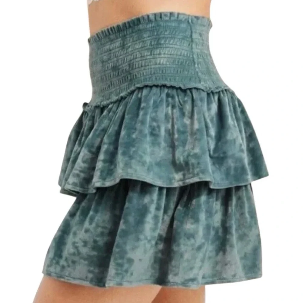 Aerie Velvet Smocked Tiered Thrills & Frills Pull‎ On Mini Skirt Teal Size Small